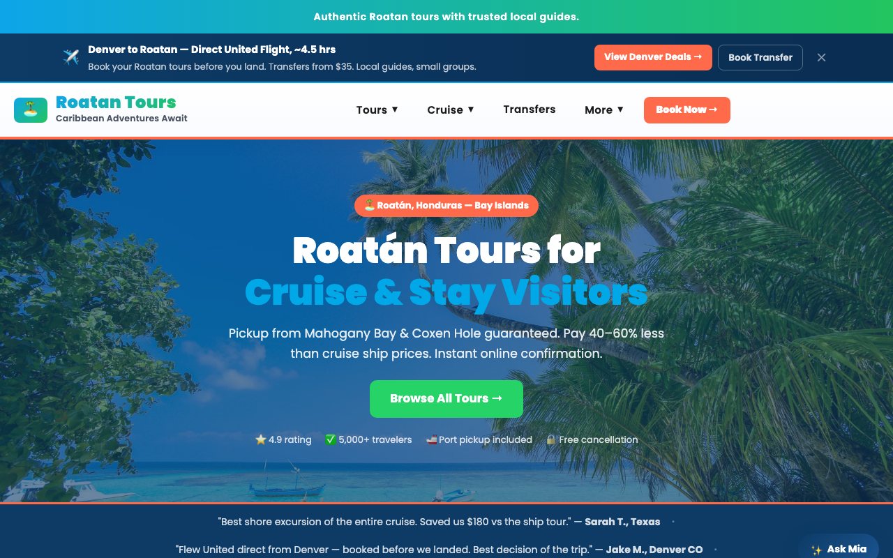 Página principal del sitio de Roatan Tours